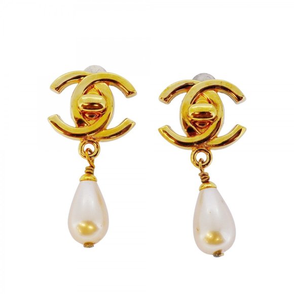 CHANEL Gold Pearl Logo Earrings - Picture 1 of 8